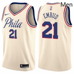 Mens Nike Philadelphia 76ers 21 Joel Embiid Authentic Cream NBA Jersey City Edition