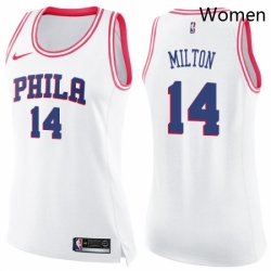 Womens Nike Philadelphia 76ers 14 Shake Milton Swingman White Pink Fashion NBA Jersey 