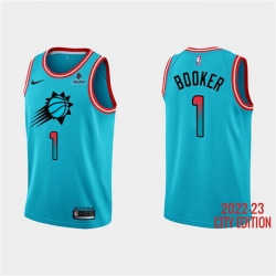Men Phoenix Suns 1 Devin Booker Blue 2022 23 City Edition With Black Payple Logo Stitched Basketball Jersey
