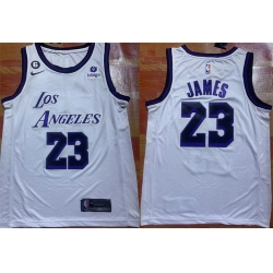 Men Los Angeles Lakers 23 LeBron James 2022 23 White With NO 6 Patch Stitched Basketball Jersey