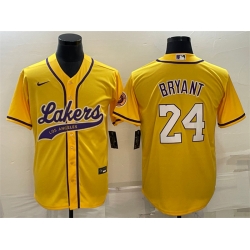 Men Los Angeles Lakers 24 Kobe Bryant Yellow Cool Base Stitched Baseball Jersey