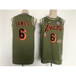 Men Los Angeles Lakers 6 LeBron James Green Military Flight Patchs Stitched Basketball Jersey
