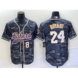 Men Los Angeles Lakers Front 8 Back 24 Kobe Bryant Gray Camo Cool Base With Patch Stitched Baseball Jersey