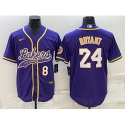 Men Los Angeles Lakers Front 8 Back 24 Kobe Bryant Purple Cool Base Stitched Baseball Jersey