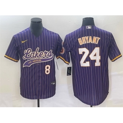 Men Los Angeles Lakers Front 8 Back 24 Kobe Bryant Purple Cool Base With Patch Stitched Baseball Jersey
