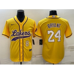 Men Los Angeles Lakers Front 8 Back 24 Kobe Bryant Yellow Cool Base Stitched Baseball Jersey