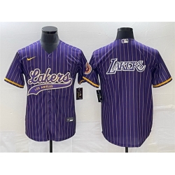 Men Los Angeles Lakers Team Big Logo Purple Cool Base With Patch Stitched Baseball Jersey