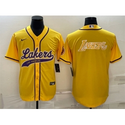 Men Los Angeles Lakers Yellow Big Logo Cool Base Stitched Baseball Jersey
