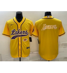 Men Los Angeles Lakers Yellow Big Logo With Patch Cool Base Stitched Baseball Jersey