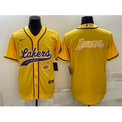 Men Los Angeles Lakers Yellow Big Logo With Patch Cool Base Stitched Baseball Jersey