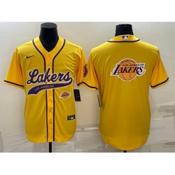 Men Los Angeles Lakers Yellow Team Big Logo With Patch Cool Base Stitched Baseball Jersey