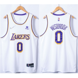 Men's Los Angeles Lakers #0 Russell Westbrook 75th Anniversary Bibigo White Stitched Basketball Jersey
