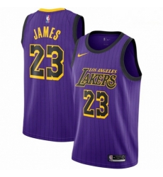 Mens Nike Los Angeles Lakers 23 LeBron James Swingman Purple stripe NBA Jersey 
