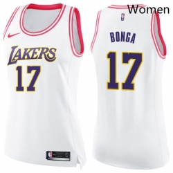 Womens Nike Los Angeles Lakers 17 Isaac Bonga Swingman White Pink Fashion NBA Jersey 