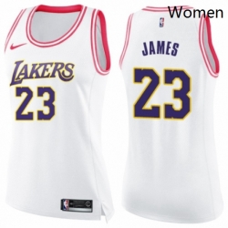 Womens Nike Los Angeles Lakers 23 LeBron James Swingman WhitePink Fashion NBA Jersey 