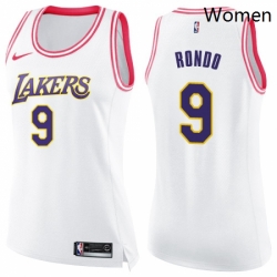 Womens Nike Los Angeles Lakers 9 Rajon Rondo Swingman White Pink Fashion NBA Jersey 