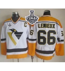 Penguins #66 Mario Lemieux White Yellow CCM Throwback 2017 Stanley Cup Final Patch Stitched NHL Jersey