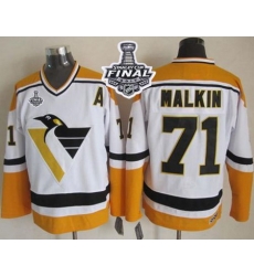 Penguins #71 Evgeni Malkin White Yellow CCM Throwback 2017 Stanley Cup Final Patch Stitched NHL Jersey