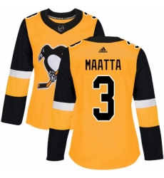 Womens Adidas Pittsburgh Penguins 3 Olli Maatta Authentic Gold Alternate NHL Jersey 