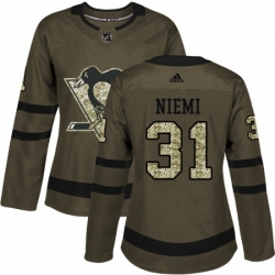 Womens Adidas Pittsburgh Penguins 31 Antti Niemi Authentic Green Salute to Service NHL Jersey 