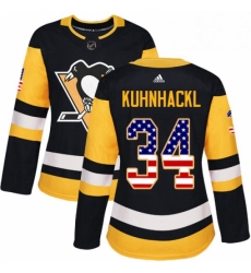 Womens Adidas Pittsburgh Penguins 34 Tom Kuhnhackl Authentic Black USA Flag Fashion NHL Jersey 