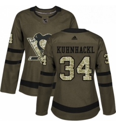 Womens Adidas Pittsburgh Penguins 34 Tom Kuhnhackl Authentic Green Salute to Service NHL Jersey 