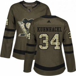 Womens Adidas Pittsburgh Penguins 34 Tom Kuhnhackl Authentic Green Salute to Service NHL Jersey 