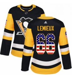 Womens Adidas Pittsburgh Penguins 66 Mario Lemieux Authentic Black USA Flag Fashion NHL Jersey 