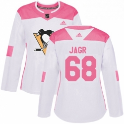 Womens Adidas Pittsburgh Penguins 68 Jaromir Jagr Authentic WhitePink Fashion NHL Jersey 