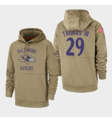 Mens Baltimore Ravens 29 Earl Thomas III 2019 Salute to Service Sideline Therma Pullover Hoodie Tan
