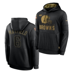 Men Cleveland Browns 6 Baker Mayfield 2020 Salute To Service Black Sideline Performance Pullover Hoodie