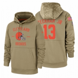 Mens Cleveland Browns 13 Odell Beckham Jr 13 2019 Salute to Service Tan Sideline Therma Pullover Hoodie