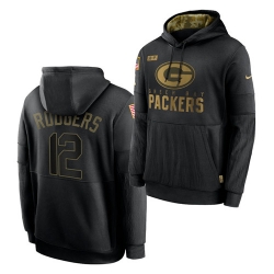 Men Green Bay Packers 12 Aaron Rodgers 2020 Salute To Service Black Sideline Performance Pullover Hoodie