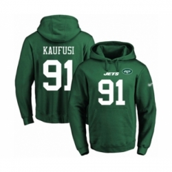 Football Mens New York Jets 91 Bronson Kaufusi Green Name Number Pullover Hoodie