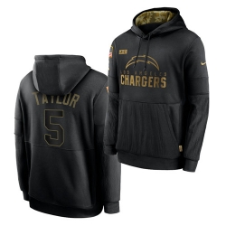 Men Los Angeles Chargers 5 Tyrod Taylor 2020 Salute To Service Black Sideline Performance Pullover Hoodie