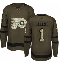 Mens Adidas Philadelphia Flyers 1 Bernie Parent Authentic Green Salute to Service NHL Jersey 