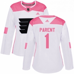 Womens Adidas Philadelphia Flyers 1 Bernie Parent Authentic WhitePink Fashion NHL Jersey 
