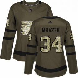 Womens Adidas Philadelphia Flyers 34 Petr Mrazek Authentic Green Salute to Service NHL Jersey 