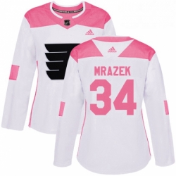 Womens Adidas Philadelphia Flyers 34 Petr Mrazek Authentic White Pink Fashion NHL Jersey 