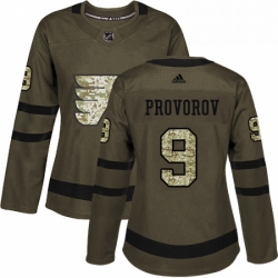 Womens Adidas Philadelphia Flyers 9 Ivan Provorov Authentic Green Salute to Service NHL Jersey 