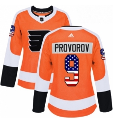 Womens Adidas Philadelphia Flyers 9 Ivan Provorov Authentic Orange USA Flag Fashion NHL Jersey 