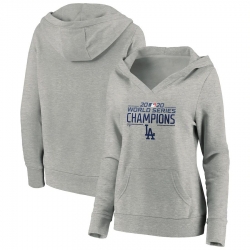 Women Los Angeles Dodgers Women 2020 World Series Champions Logo Crossover Neck Pullover Hoodie Heather Gray
