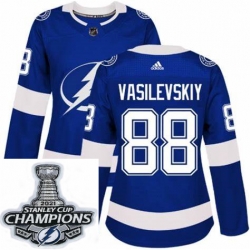 Women Adidas Tampa Bay Lightning 88 Andrei Vasilevskiy Premier Roayl Blue Home NHL Stitched 2021 Stanley Cup Champions Patch Jersey