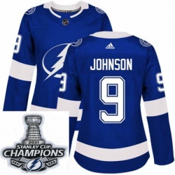 Women Adidas Tampa Bay Lightning 9 Tyler Johnson Premier Royal Blue Home NHL Stitched 2021 Stanley Cup Champions Patch Jersey