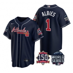 Men Atlanta Braves 1 Ozzie Albies 2021 Navy World Series With 150th Anniversary Patch Cool Base Stitched Jersey