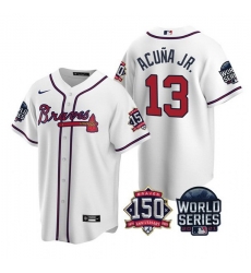 Men Atlanta Braves 13 Ronald Acuna Jr  2021 White World Series With 150th Anniversary Patch Cool Base Stitched Jersey