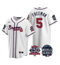 Men Atlanta Braves 5 Freddie Freeman 2021 White World Series With 150th Anniversary Patch Cool Base Stitched Jersey