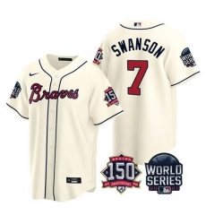 Men Atlanta Braves 7 Dansby Swanson 2021 Cream World Series With 150th Anniversary Patch Cool Base Stitched Jersey