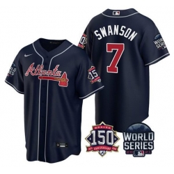 Men Atlanta Braves 7 Dansby Swanson 2021 Navy World Series With 150th Anniversary Patch Cool Base Stitched Jersey