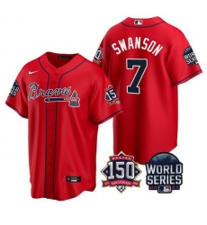 Men Atlanta Braves 7 Dansby Swanson 2021 Red World Series With 150th Anniversary Patch Cool Base Stitched Jersey